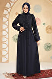 Boncuk İşlemeli Lacivert Tesettür Abaya 29130L