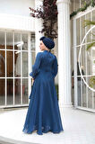 Drape Detaylı Lacivert Tesettür Abiye Elbise 4823L