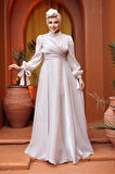 Drape Detaylı Bej Tesettür Abiye Elbise 4823BEJ