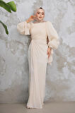 Drape Detaylı Bej Tesettür Abiye Elbise 50193BEJ