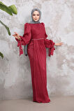 Drape Detaylı Bordo Tesettür Abiye Elbise 50193BR