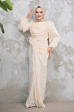 Drape Detaylı Bej Tesettür Abiye Elbise 51203BEJ