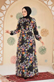 Çiçek Desenli Siyah Tesettür Elbise 279902S