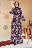 Çiçek Desenli Koyu Lila Tesettür Elbise 279910KLILA