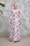 Çiçek Desenli Pudra Tesettür Elbise 279916PD