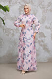 Çiçek Desenli Pudra Tesettür Elbise 279916PD