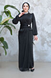 Drape Detaylı Siyah Tesettür Abiye Elbise 50581S