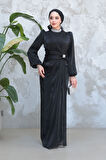 Drape Detaylı Siyah Tesettür Abiye Elbise 50581S
