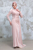 Drape Detaylı Pudra Tesettür Abiye Elbise 51481PD