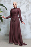 Drape Detaylı Kahverengi Tesettür Abiye Elbise 51481KH
