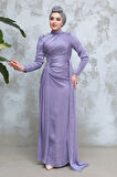 Drape Detaylı Lila Tesettür Abiye Elbise 51481LILA