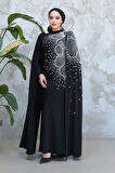 Kolları Pelerinli Siyah Tesettür Abiye Elbise 51671S