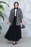 Desenli Siyah Tesettür İkili Etekli Kimono Takım 12891S