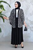 Desenli Siyah Tesettür İkili Etekli Kimono Takım 12891S