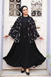 Desenli Siyah Tesettür İkili Kimono Takım 12892S