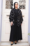 Desenli Siyah Tesettür İkili Kimono Takım 12892S