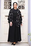 Desenli Siyah Tesettür İkili Kimono Takım 12892S