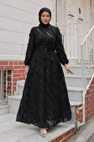 Jakar Detaylı Siyah Tesettür Elbise 23262S