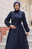 Jakar Detaylı Lacivert Tesettür Elbise 23262L