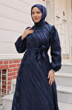 Jakar Detaylı Lacivert Tesettür Elbise 23262L