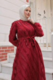 Jakar Detaylı Bordo Tesettür Elbise 23262BR