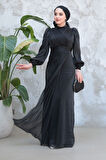 Drape Detaylı Siyah Tesettür Abiye Elbise 50921S