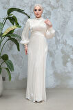 Drape Detaylı Ekru Tesettür Abiye Elbise 50921E
