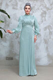 Drape Detaylı Mint Tesettür Abiye Elbise 50921MINT