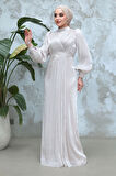 Drape Detaylı Taş Tesettür Abiye Elbise 50921TAS