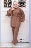 Düğmeli Camel Modal Kumaş Tesettür İkili Takım 30264C