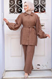 Düğmeli Camel Modal Kumaş Tesettür İkili Takım 30264C