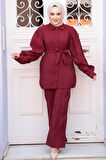 Düğmeli Bordo Tesettür İkili Takım 30264BR