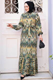 Desenli Yağ Yeşili Tesettür Elbise 52721YY