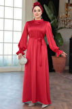 Saten Kırmızı Tesettür Elbise 62132K
