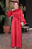 Saten Kırmızı Tesettür Elbise 62132K