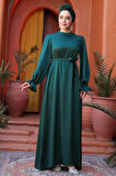 Saten Zümrüt Yeşili Tesettür Elbise 62132ZY