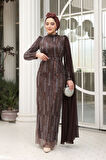 Drape Detaylı Kahverengi Tesettür Abiye Elbise 49741KH