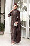 Drape Detaylı Kahverengi Tesettür Abiye Elbise 49741KH
