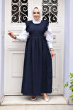 Fırfır Detaylı Lacivert Tesettür Jile Elbise 17051L