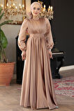 Saten Camel Tesettür Abiye Elbise 23821C