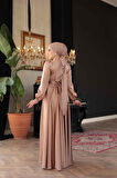 Saten Camel Tesettür Abiye Elbise 23821C