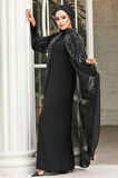 Boncuk İşlemeli Siyah Tesettür Abaya Takım 25903S