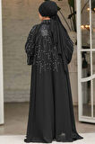Boncuk İşlemeli Siyah Tesettür Abaya Takım 25903S