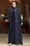 Boncuk İşlemeli Lacivert Tesettür Abaya Takım 25903L