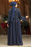 Boncuk İşlemeli Lacivert Tesettür Abaya Takım 25903L