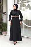 Leopar Detaylı Siyah Tesettür Elbise 10246S