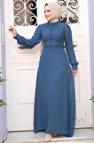Düğme Detaylı Açık Lacivert Tesettür Elbise 2703AL