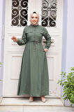 Düğmeli Haki Tesettür Elbise 17131HK