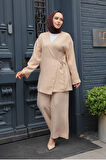 Yandan Bağlama Detaylı Bej Tesettür İkili Takım 50183BEJ