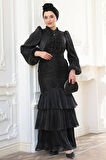 Fırfır Detaylı Siyah Tesettür Abiye Elbise 50271S